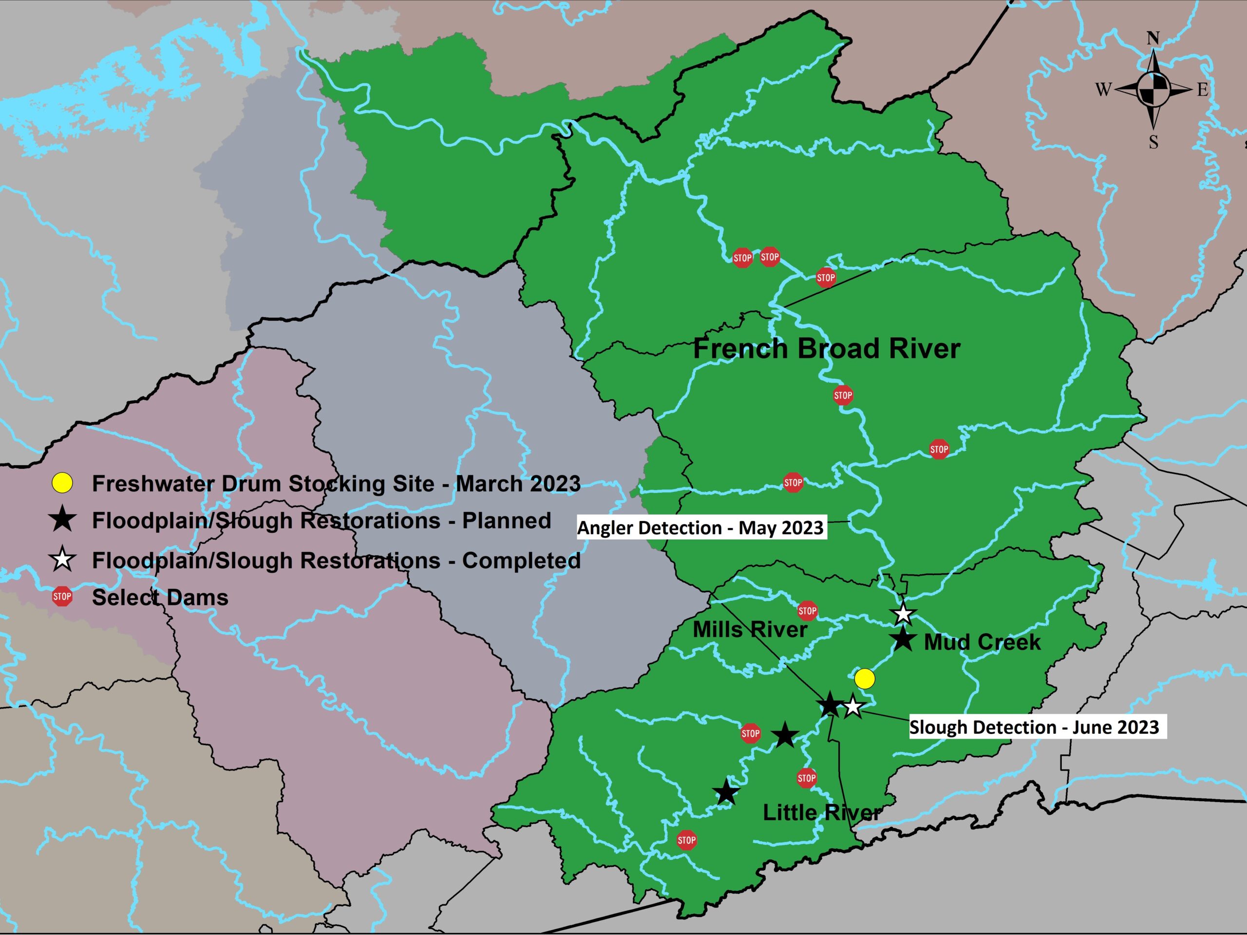 Map of the French Broad River basin, stocking location, and recorded observations.